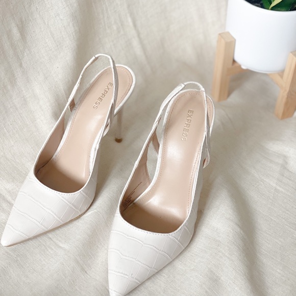 Express Shoes - Express Cream Croc Embossed High Heel Pointed Toe Slingback Size 7